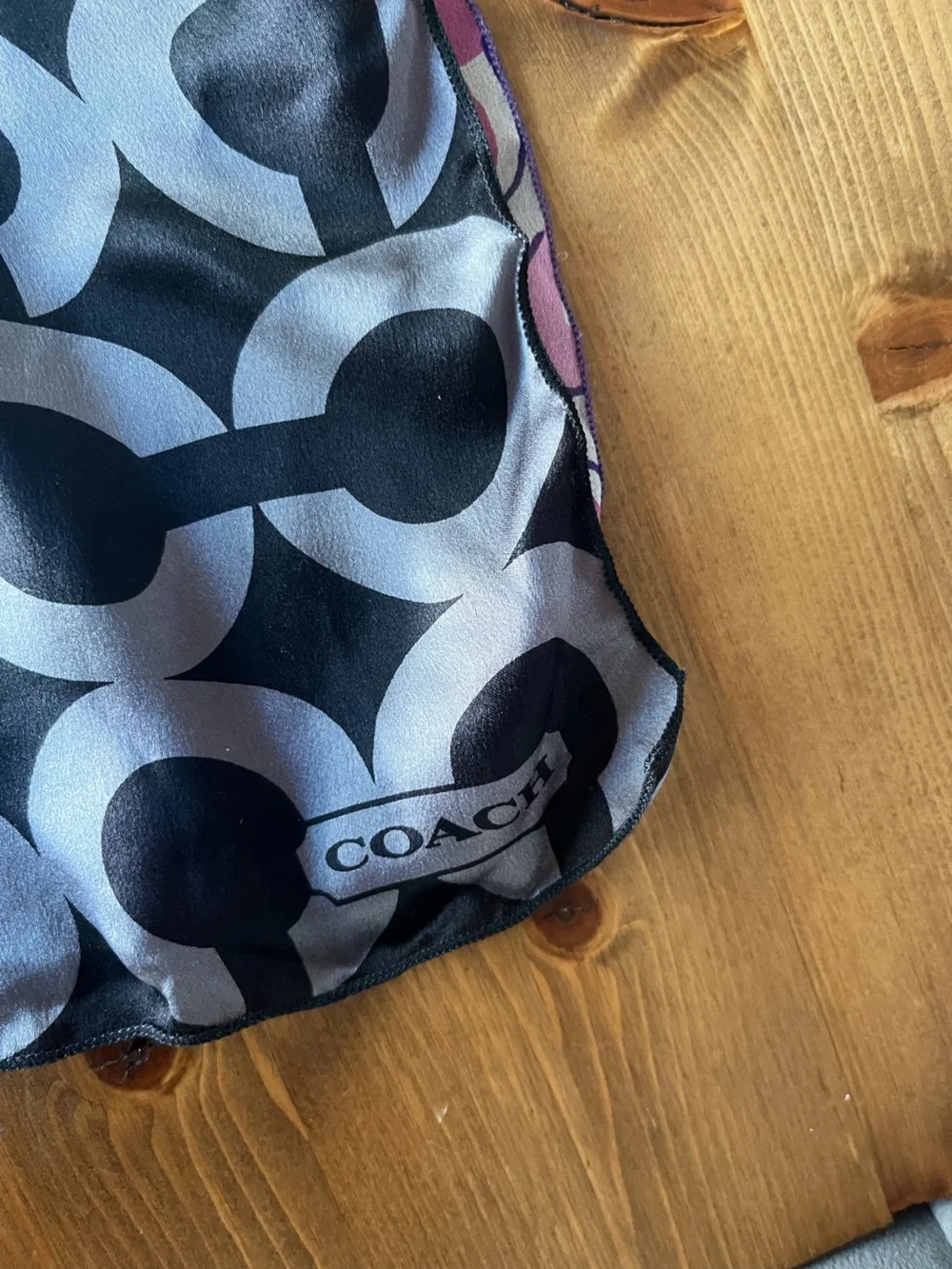 Coach 100% Silk Two-sided Black Geo & Lavender Floral Satin A-Line Scarf